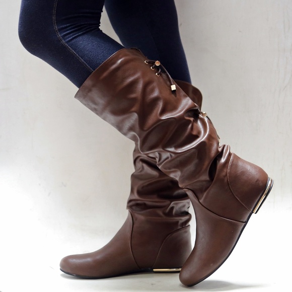 New Brown Slouchy Mid Calf Flat Heel Riding Boots - Picture 2 of 5